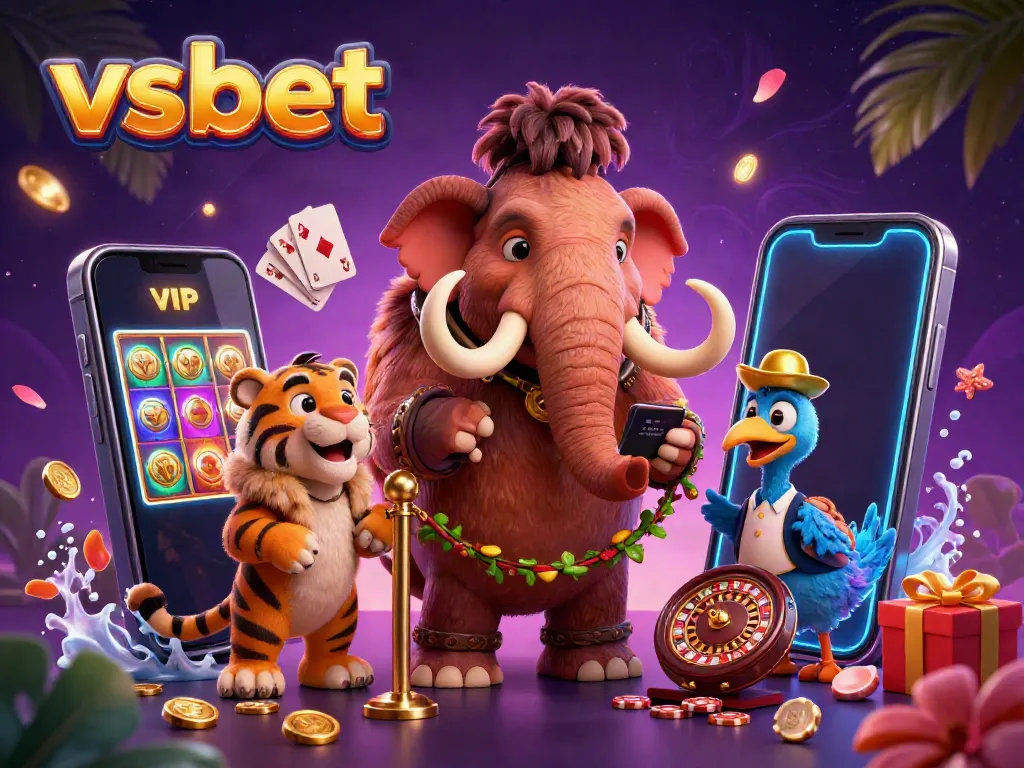 Experience the excitement of vsbet with a dynamic scene featuring a woolly mammoth bouncer, saber-tooth tiger VIP, and casino elements.