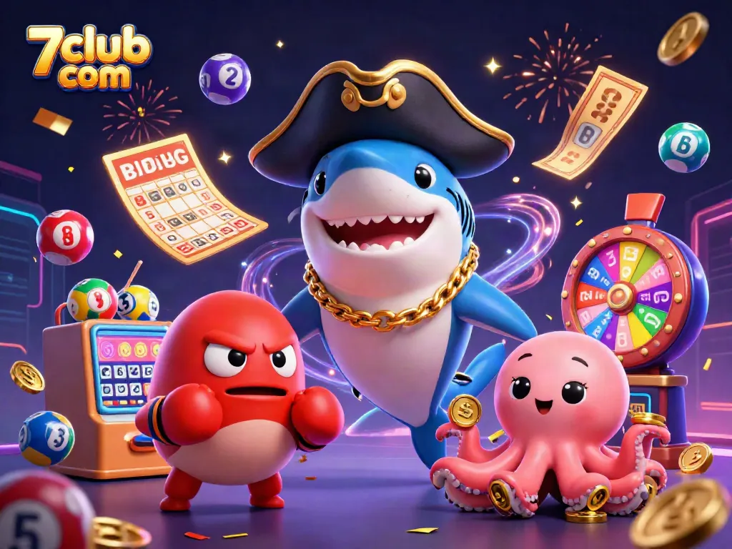 Experience excitement at 7club com with pirate shark and friends winning at the lottery.
