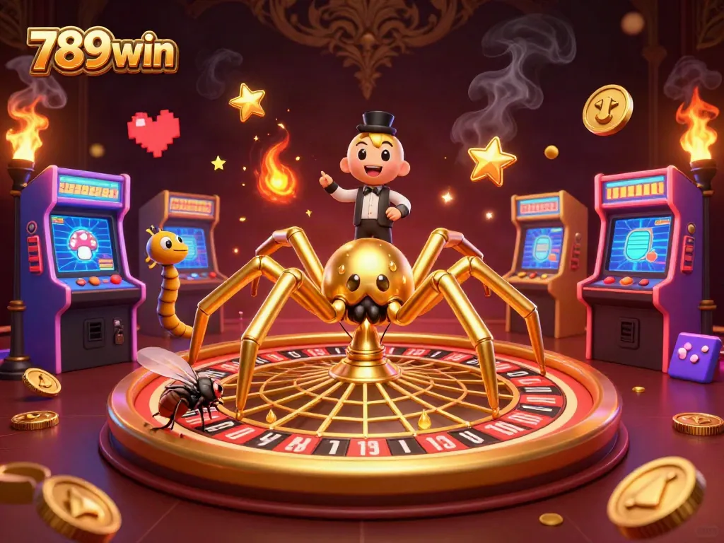 Experience the thrill of 789win as the golden spider spins a roulette wheel web creating excitement in the casino.