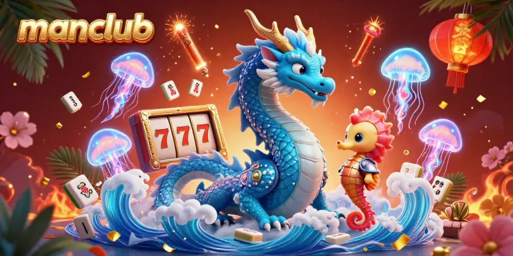 Immerse in the thrilling world of manclub! Witness the azure water dragon and seahorse knight celebrating slot jackpots amidst vibrant casino excitement.