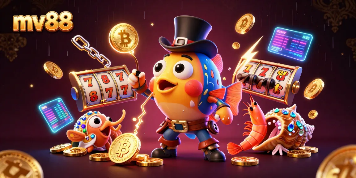 Experience thrilling wins at mv88, featuring cartoon characters engaging with slot machine elements and crypto coins.