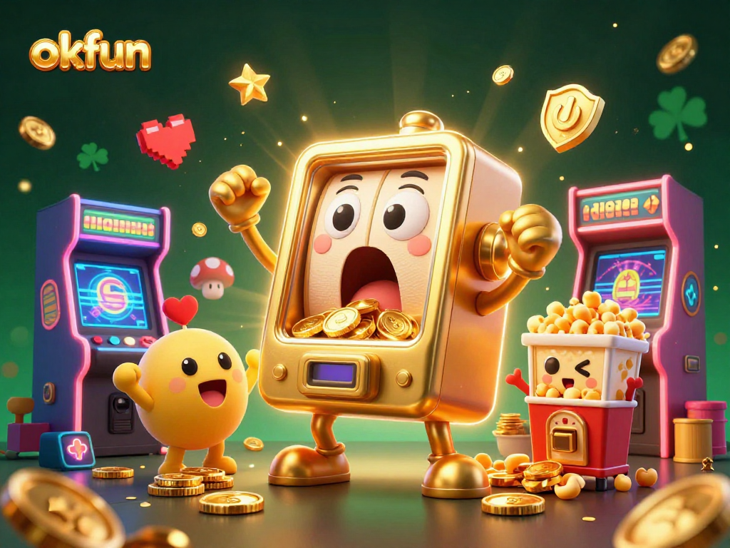 Experience excitement at OKFUN as slot machines burst with coins and playful animations bring the casino to life.