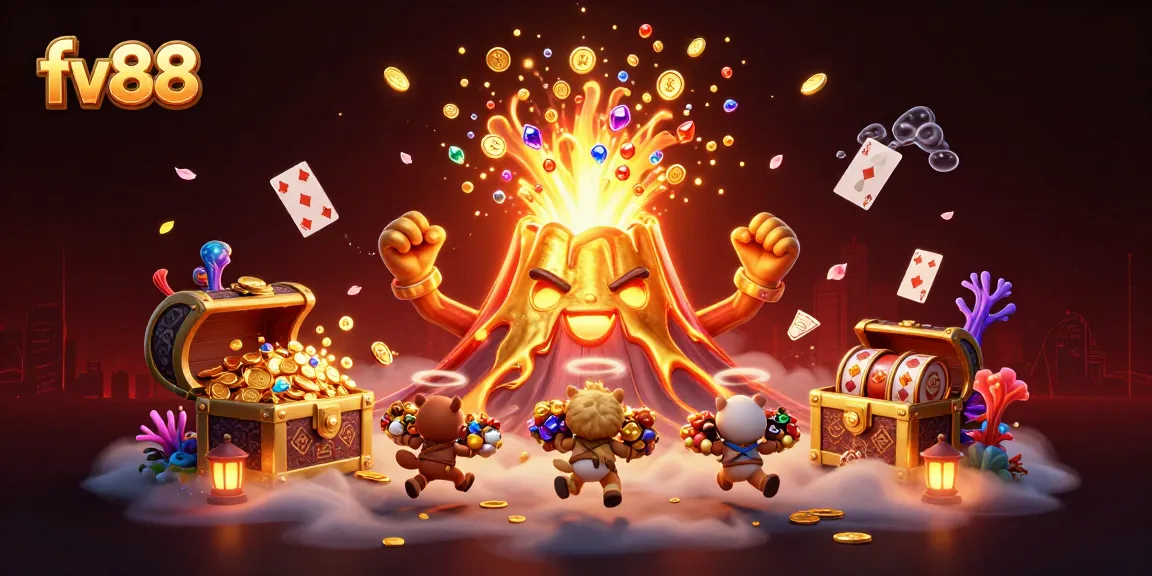 Experience the thrill of gambling with fv88's dynamic scene featuring treasures and vibrant casino elements.