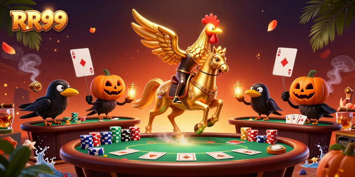 Experience thrilling gameplay at RR99 with a golden rooster headless horseman in a vibrant casino scene.