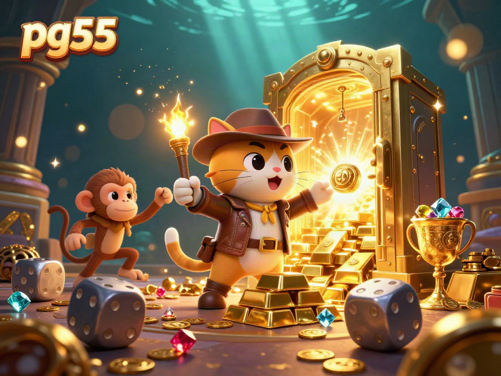 Experience the excitement of pg55 with a cartoon cat archaeologist uncovering a golden casino treasure.