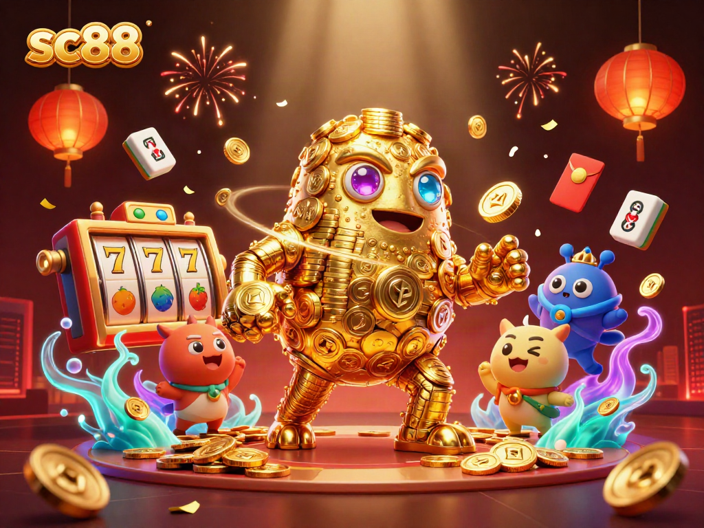 Spin the reels and win with sc88's rich visuals of an ancient golden golem amidst casino elements.