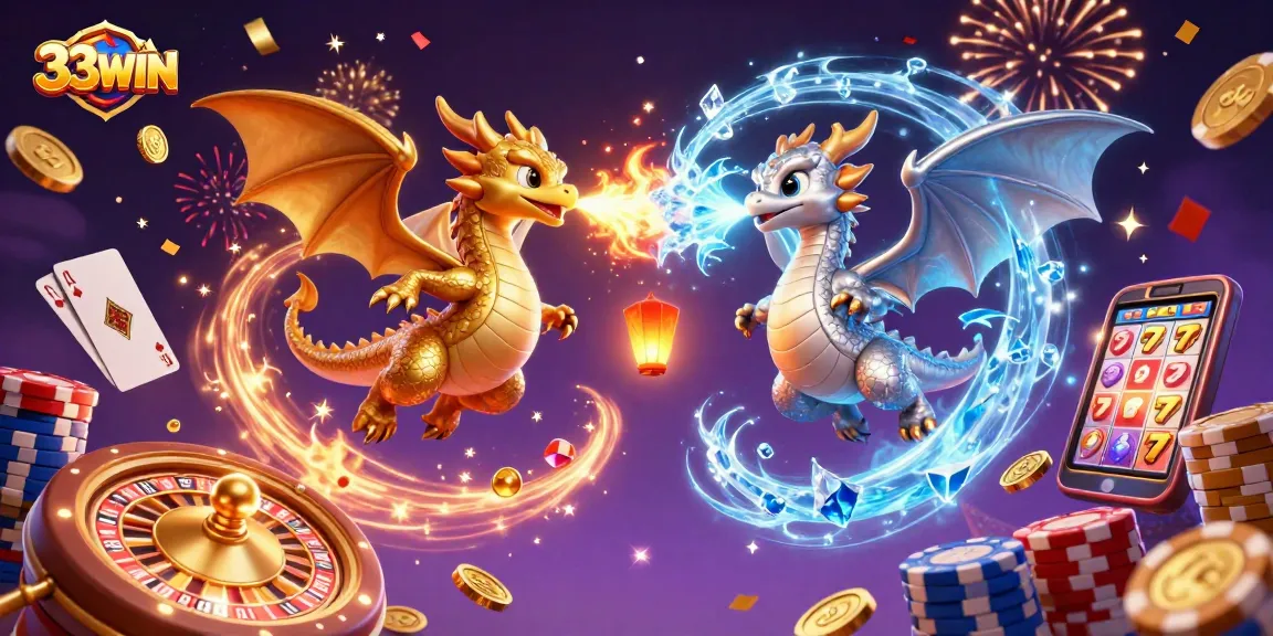 Experience the thrill of 33WIN with dragons, coins, and casino elements celebrating luck.
