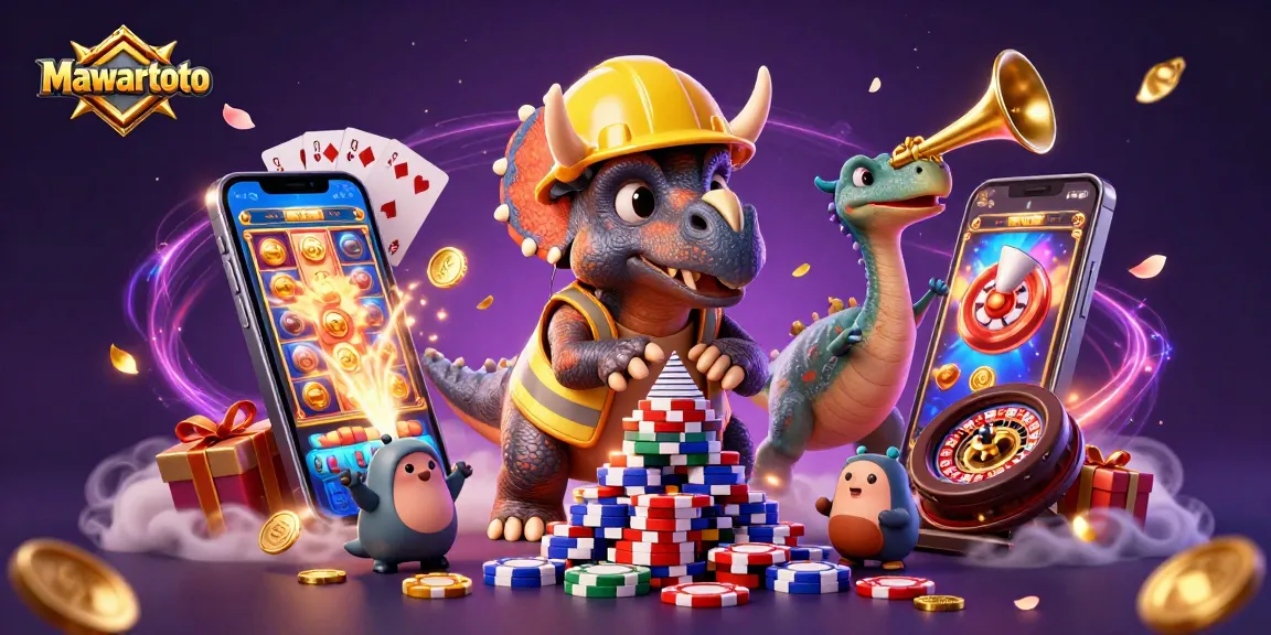 Mawartoto showcases a triceratops building poker chips in a vibrant casino atmosphere filled with games.