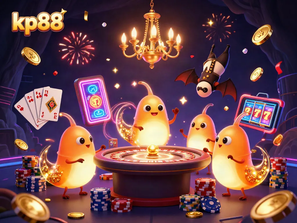 Experience excitement at kp88 casino with glowing characters, spinning roulette, and vibrant gameplay.