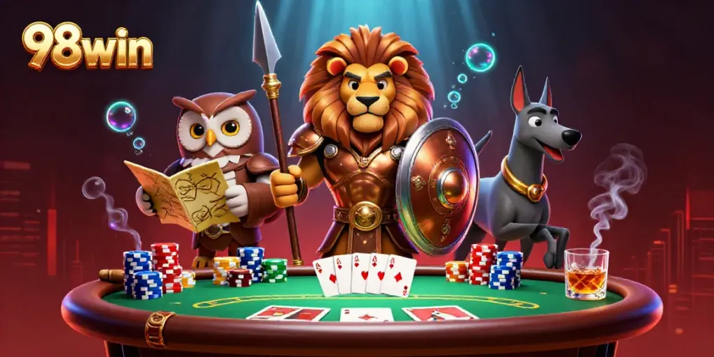 Engage in thrilling gameplay at 98win with colorful poker elements and dynamic characters.