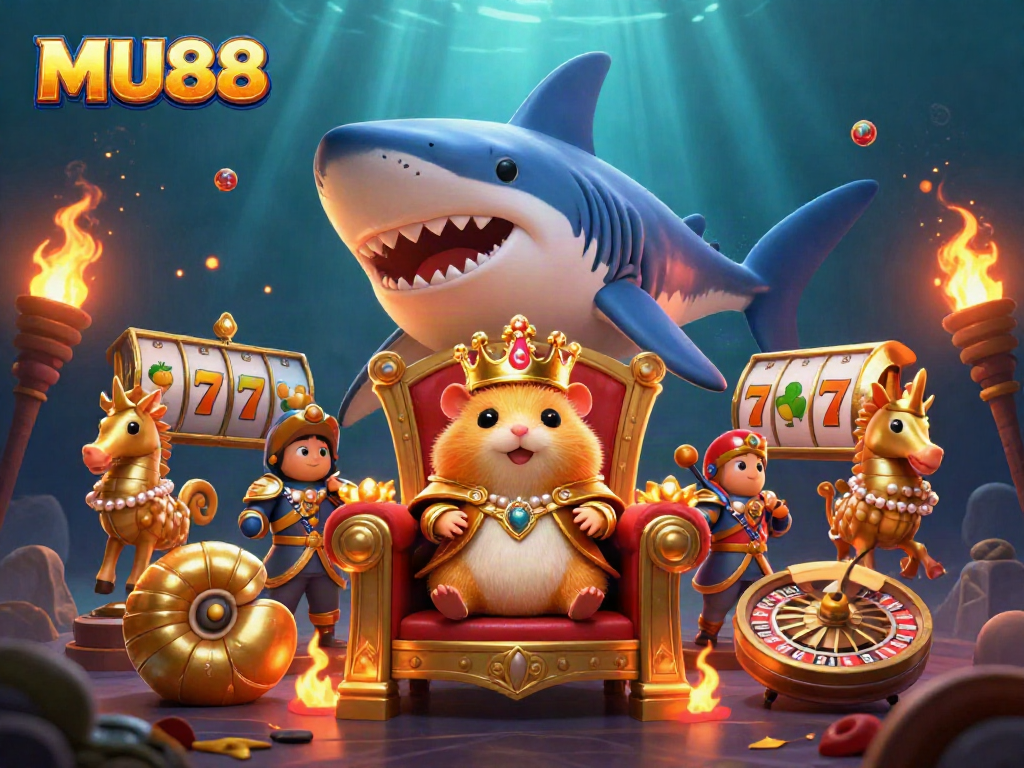 Watch the MU88 hamster king rule from a shark throne amidst exciting slots and treasures.