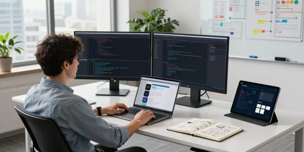 Instant indexing in a modern tech workspace with a developer coding and high-tech gadgets.