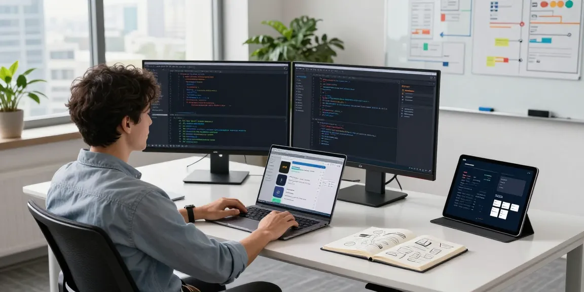 Instant indexing in a modern tech workspace with a developer coding and high-tech gadgets.