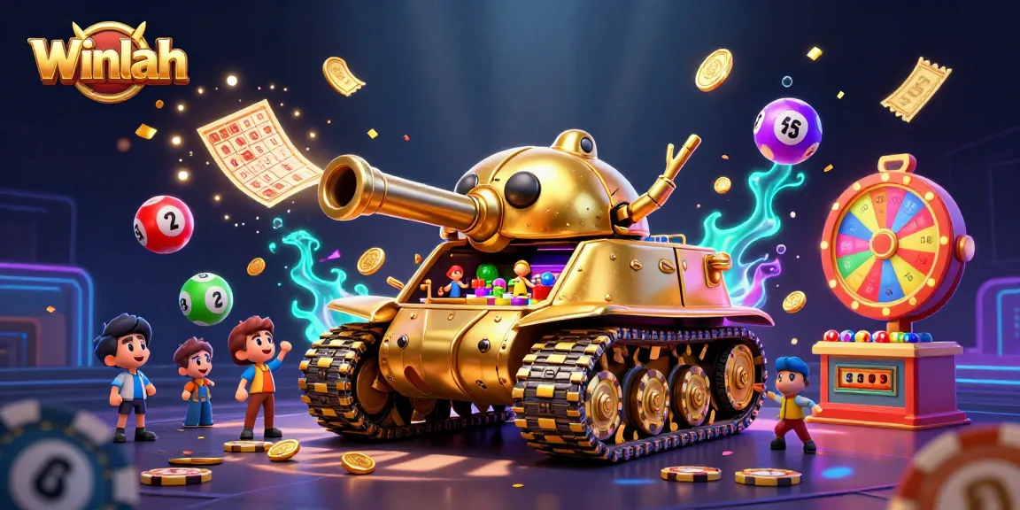 Winlah casino tank illustration showcasing vibrant games and lottery elements in an energetic scene.
