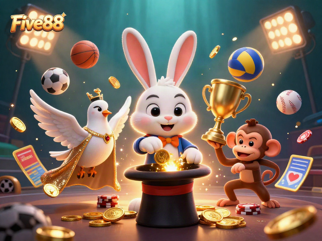 Experience excitement at Five88 with a magician rabbit, a glamorous dove, and a monkey amid sports betting action.