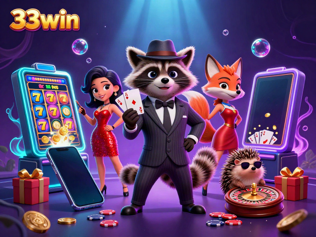 Experience the excitement of 33win with a raccoon, fox, and hedgehog at a vibrant casino.