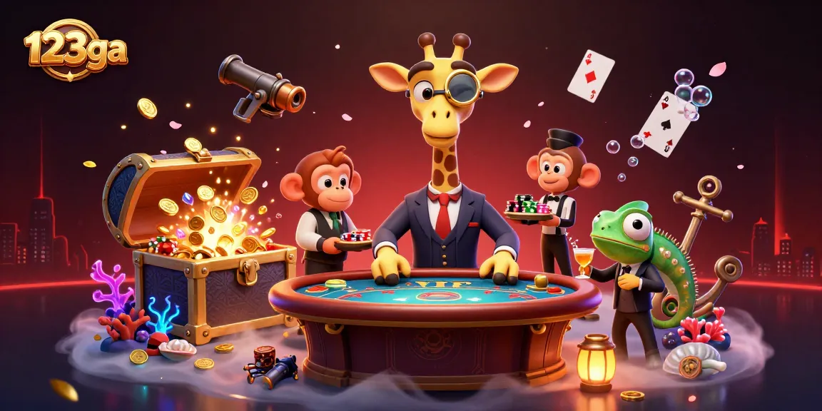Experience the excitement of 123ga with a high-roller giraffe at a VIP poker table, surrounded by vibrant casino elements.