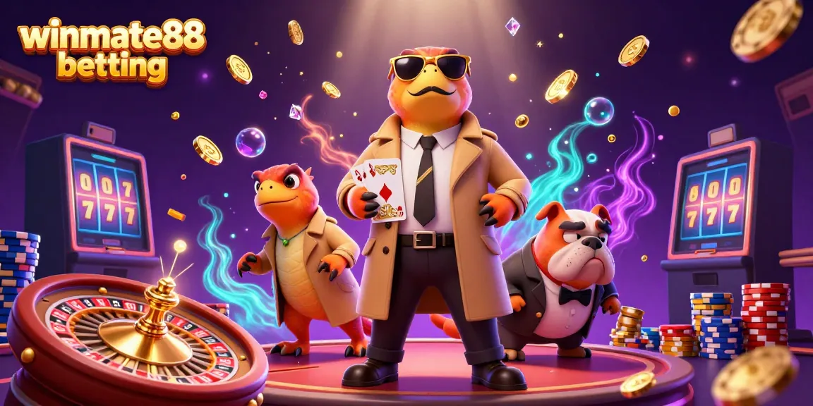 Experience action and fun at winmate88 betting with cartoon raptors sneaking into a casino.