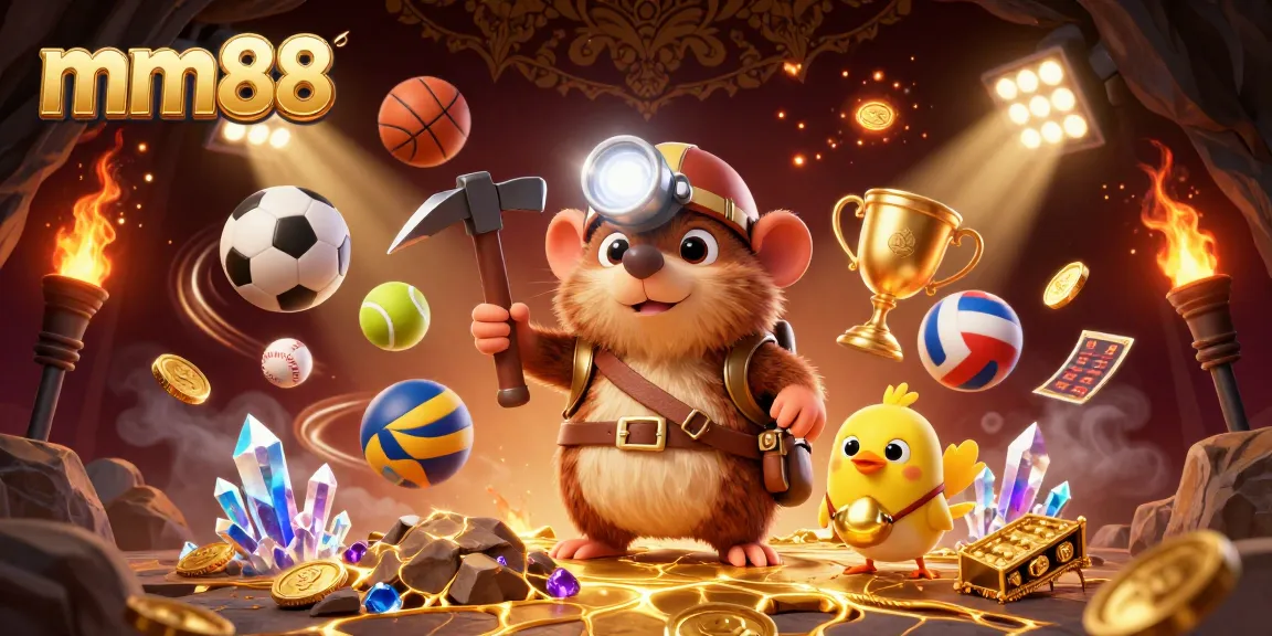 Experience mm88 betting excitement with vibrant sports elements and treasure mining in a dynamic scene.