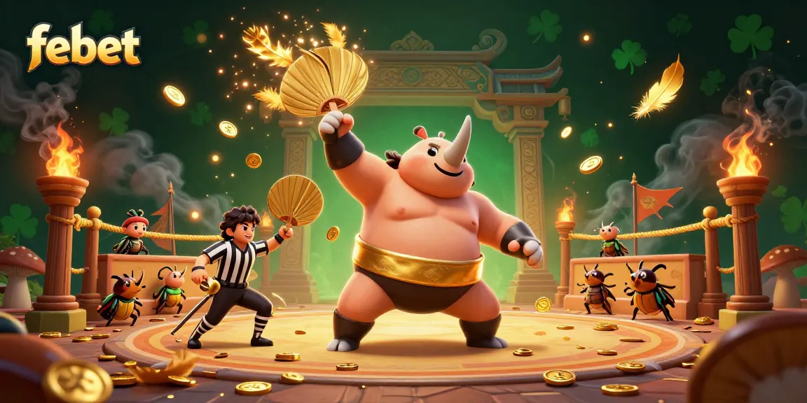 Experience thrilling casino action with febet featuring a beetle sumo champion surrounded by dynamic elements.