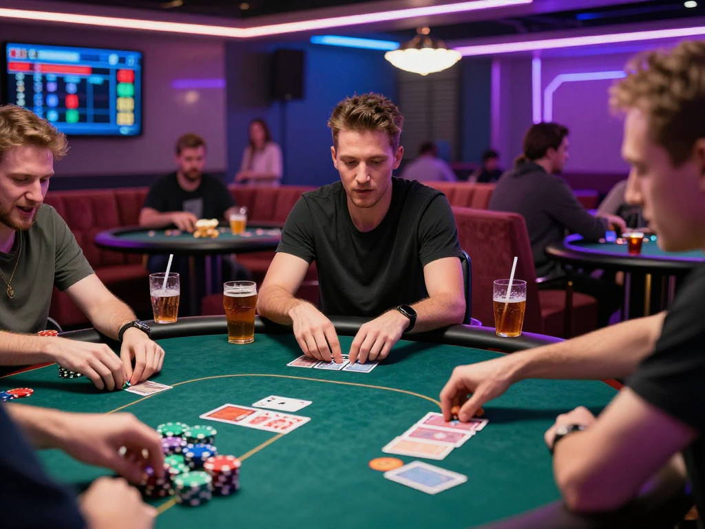 KOMBET168 player at a lively poker table in a stylish gaming lounge.