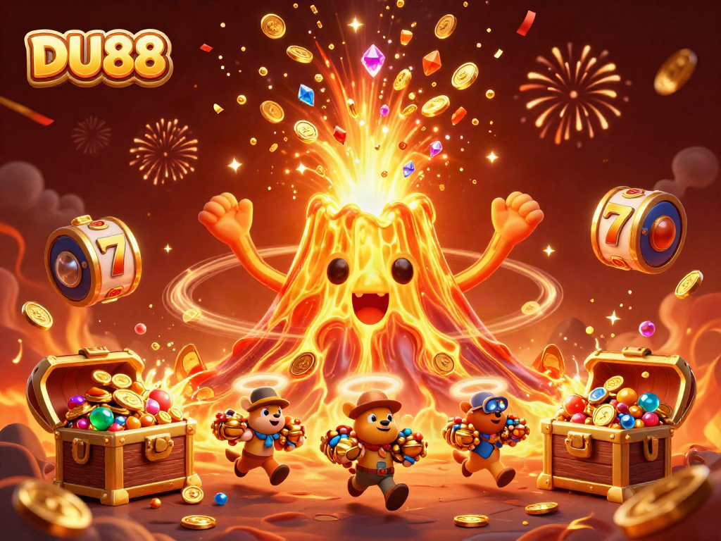 Experience thrilling adventures at DU88 with the erupting volcano and treasure-filled scene!