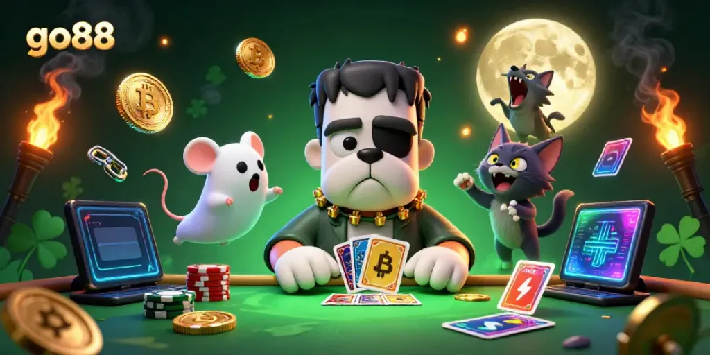 Experience thrilling gameplay with go88 at a spooky green-lit table featuring fun characters and energetic game elements.