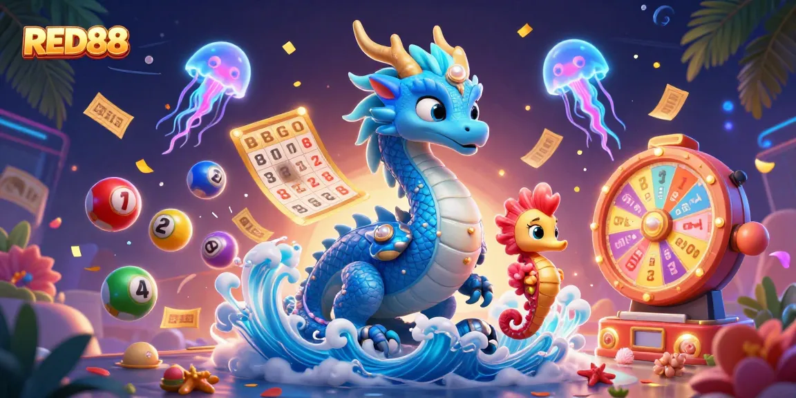 Engage with the dynamic world of RED88 featuring a majestic water dragon and vibrant casino elements.