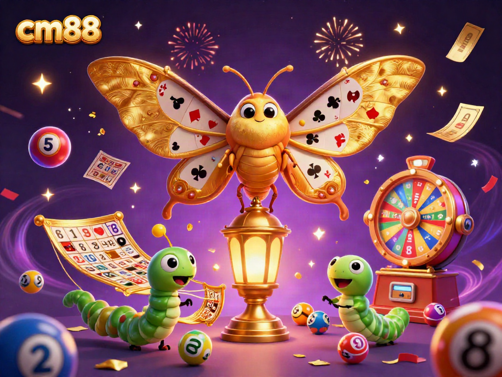 Experience winning moments at cm88 with vibrant lottery elements and a majestic moth illustration.