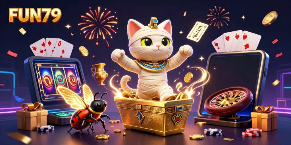 Experience the vibrant energy of FUN79 with a wild Egyptian mummy cat and golden scarab in an epic casino scene.