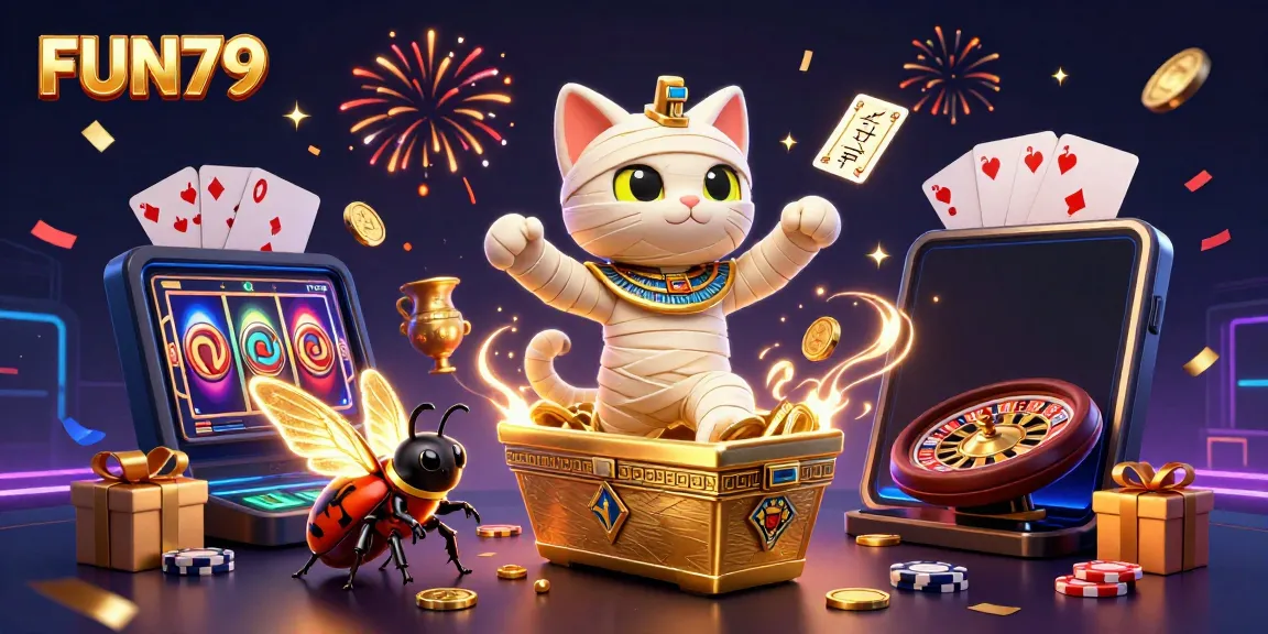 Experience the vibrant energy of FUN79 with a wild Egyptian mummy cat and golden scarab in an epic casino scene.