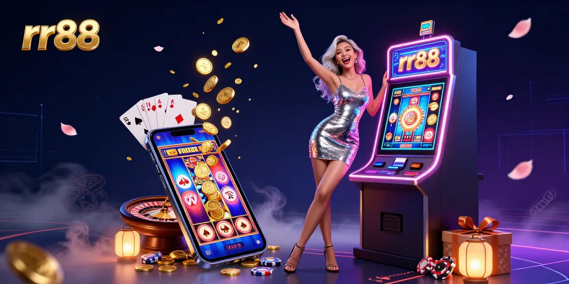 Spin the reels at rr88 casino with stunning visuals, neon lights, and golden coins erupting in a vibrant atmosphere.