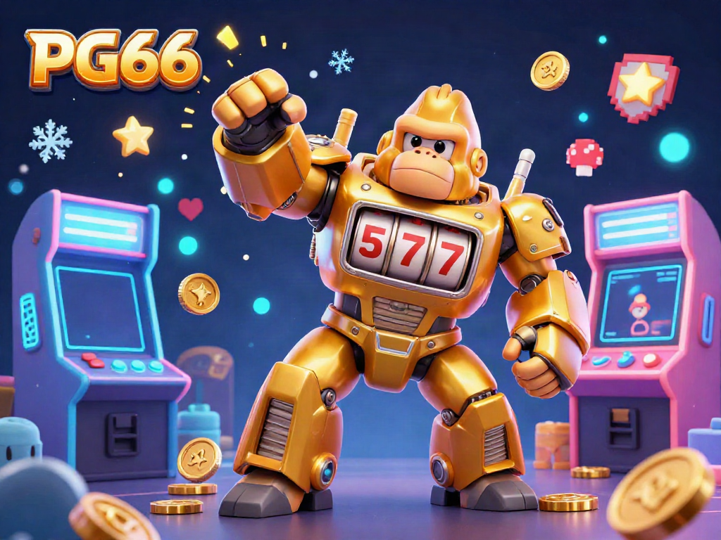 Experience thrilling gameplay at PG66 with a golden gorilla mech amidst colorful arcade machines.