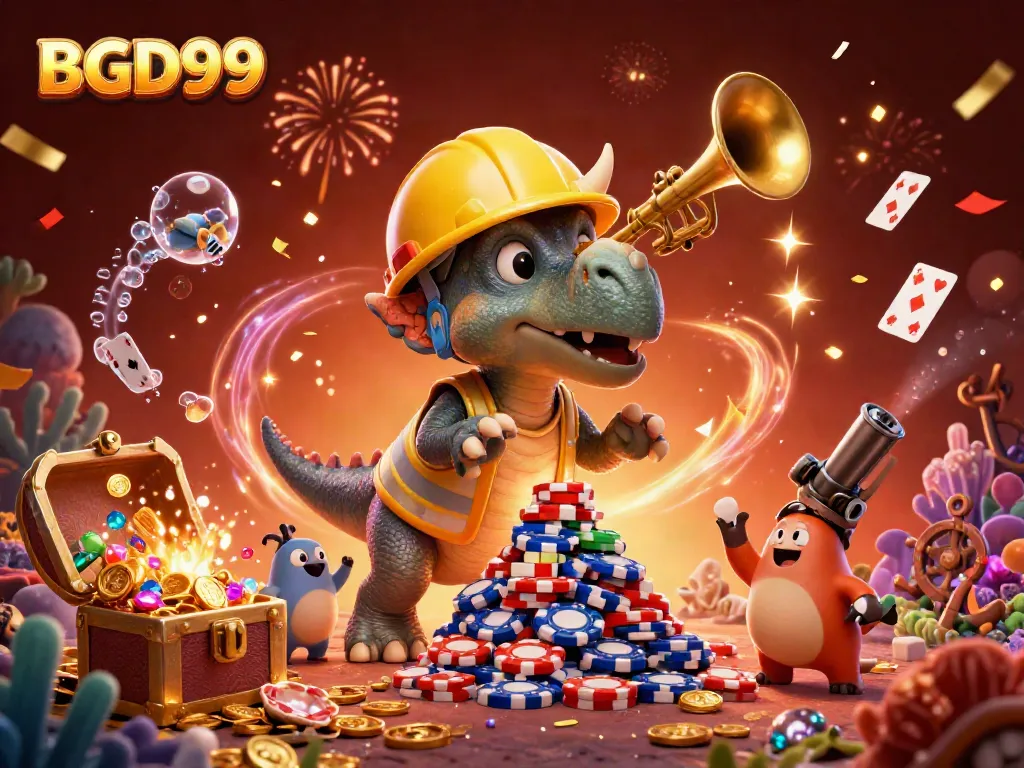 BGD99 showcases an exciting casino scene with a triceratops building poker chip pyramids amidst underwater treasures.