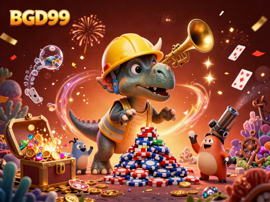 BGD99 showcases an exciting casino scene with a triceratops building poker chip pyramids amidst underwater treasures.