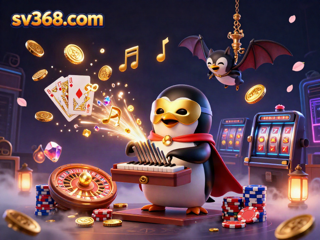 Engage in thrilling gameplay at sv368com with a vibrant casino scene featuring a penguin organist.