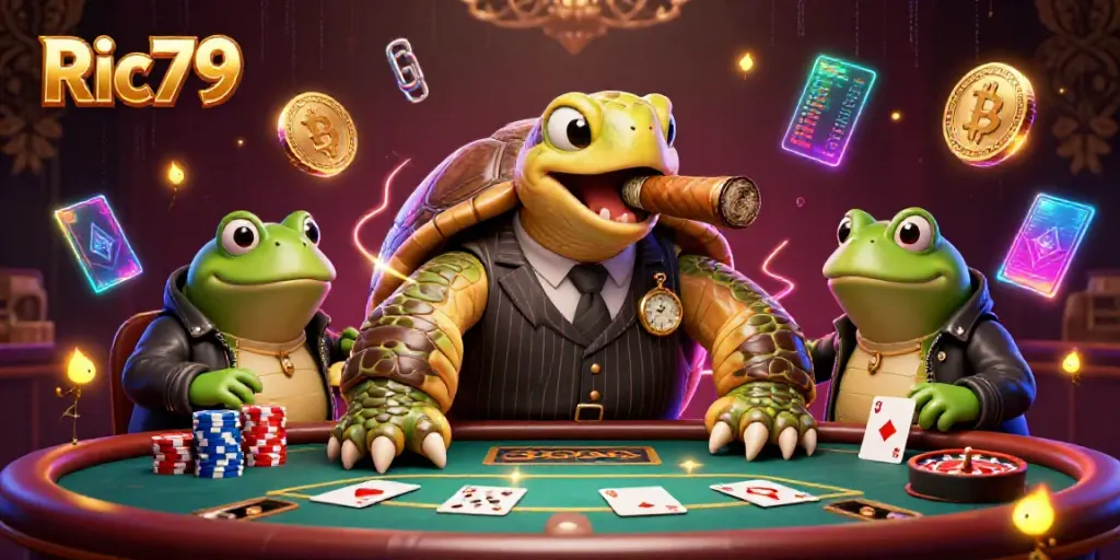 Ric79 showcases a vibrant casino scene with a snapping turtle mobster and poker elements.
