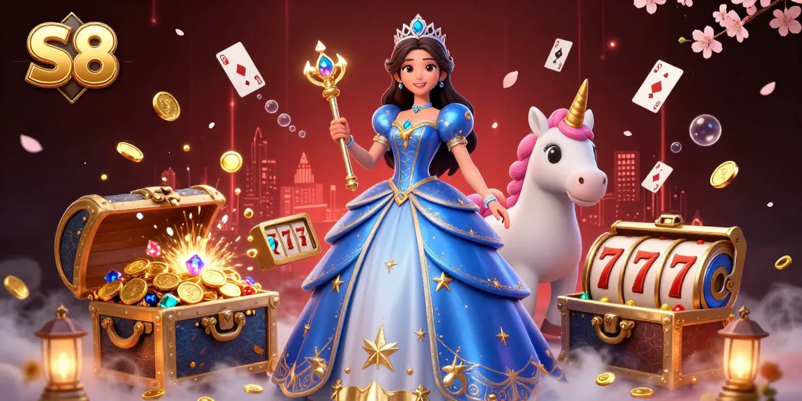 S8 showcases a vibrant 3D casino illustration where a woman in a regal gown and a unicorn celebrate jackpot wins amid magical decor.