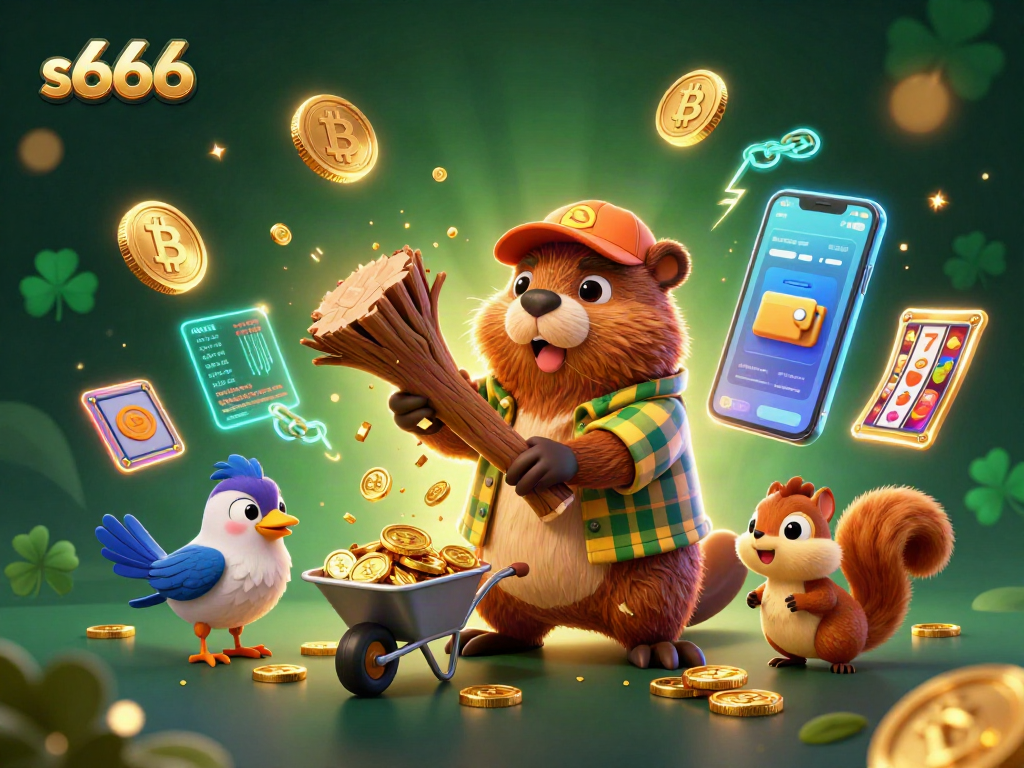Engage with s666's thrilling slots featuring cartoon characters amidst raining coins and crypto elements.