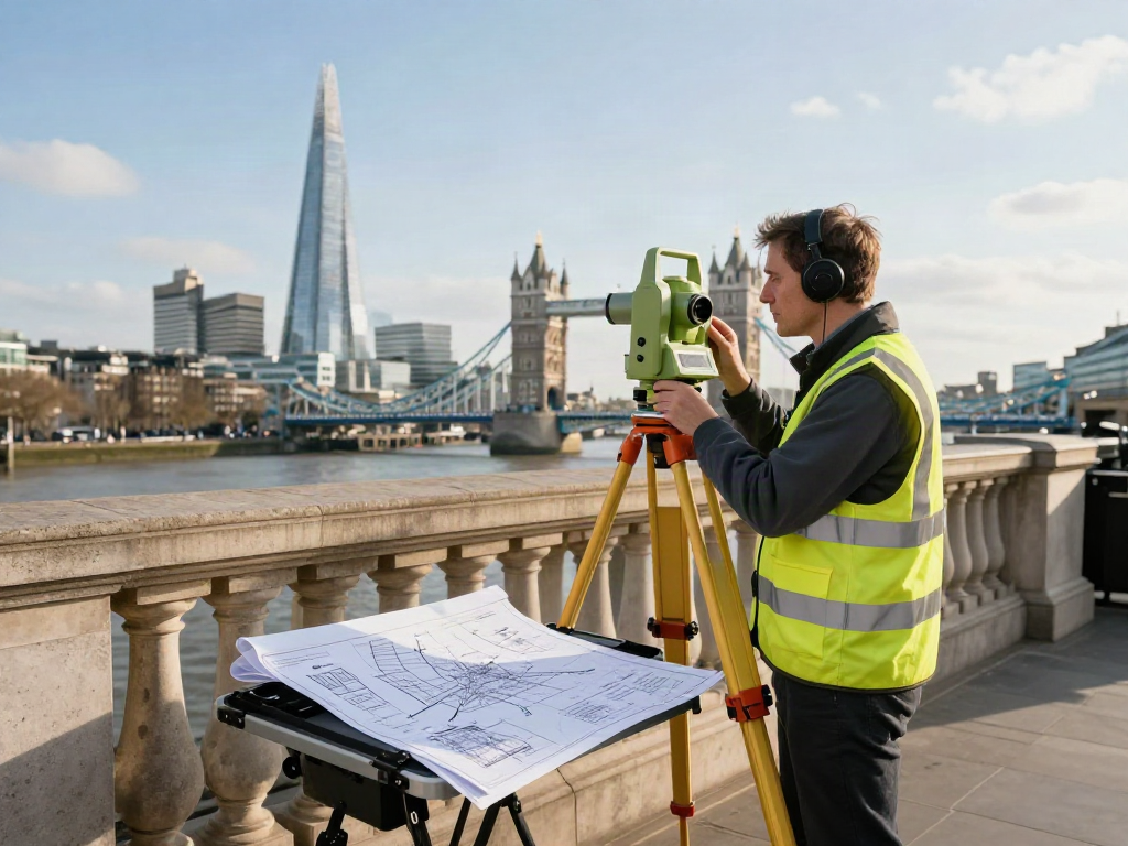 Topographical Surveyors London capturing detailed measurements of a historic building in a vibrant urban London landscape.