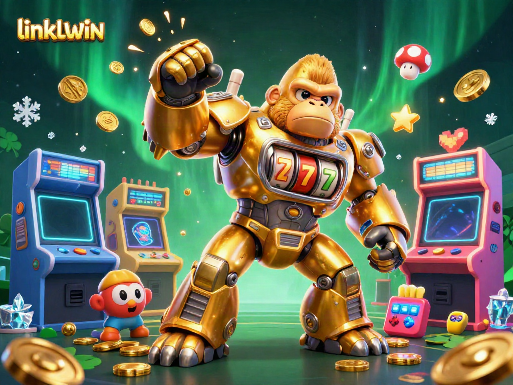 Join the fun at link LLWIN with an exciting 3D scene of a golden gorilla mech and playful gaming elements.