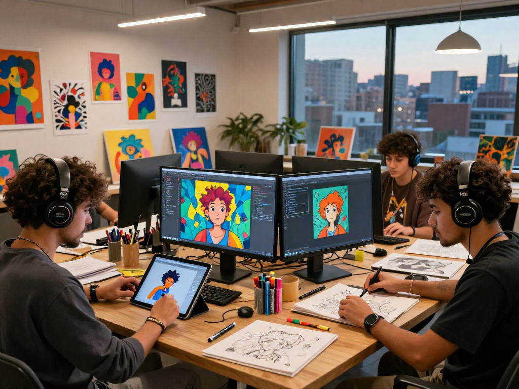 Innovative NSFW AI art studio scene showcasing diverse artists collaborating with digital tools in a vibrant environment.