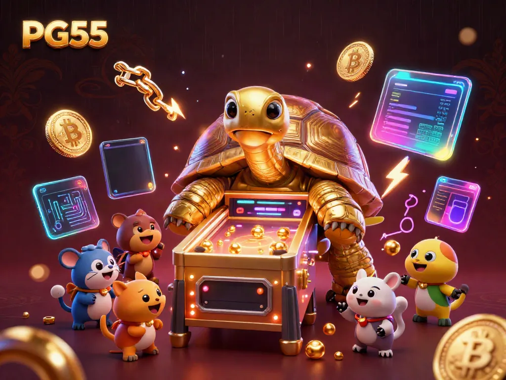 Engage in exciting gameplay at PG55 with vibrant cartoon characters and crypto elements.