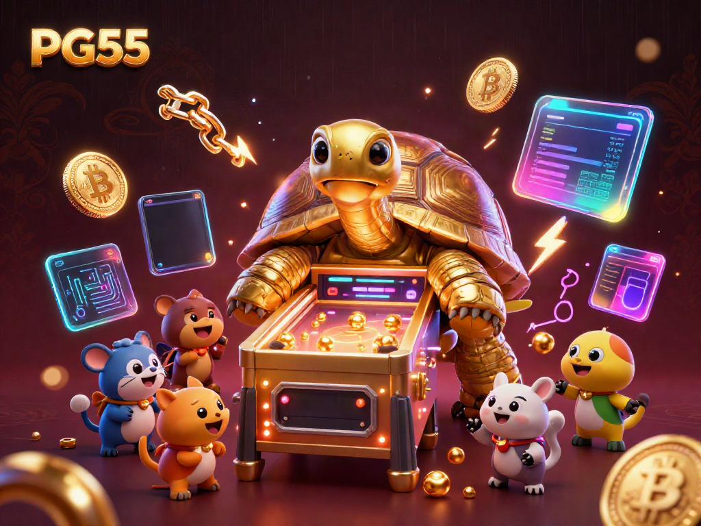 Engage in exciting gameplay at PG55 with vibrant cartoon characters and crypto elements.