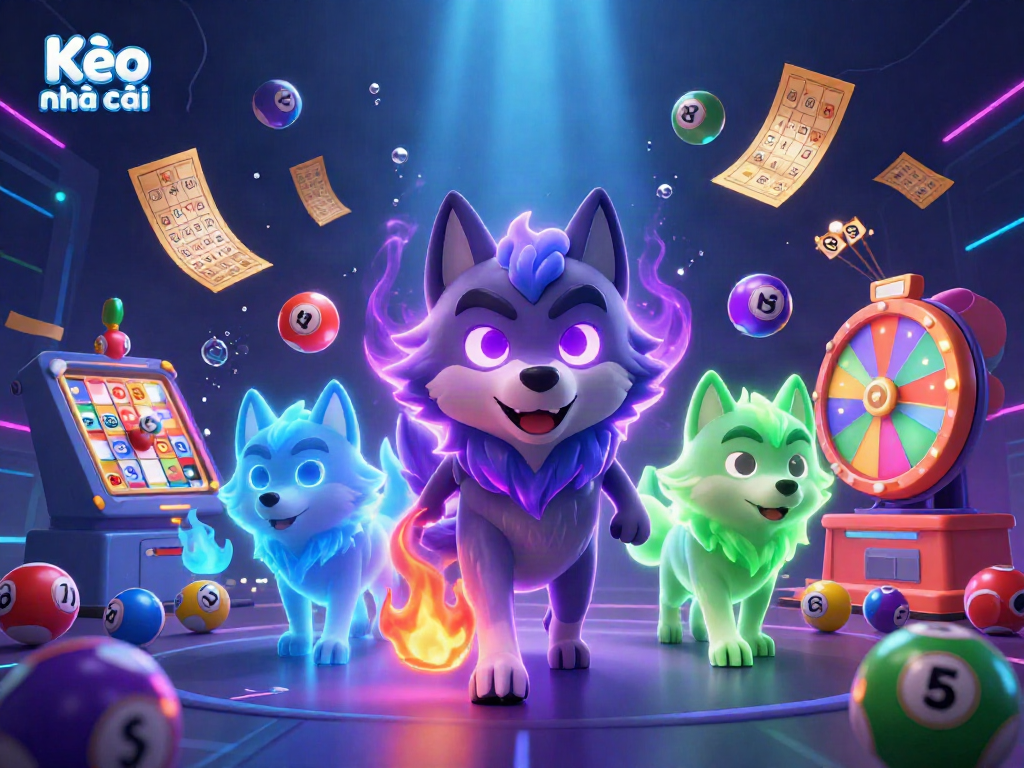 Kèo nhà cái offers a vibrant 3D rendering illustrating dynamic lottery elements and ghostly wolves in a captivating casino scene.