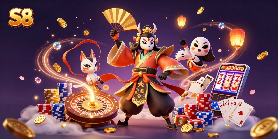 Experience winning with S8 in this vibrant casino illustration featuring lively characters and game elements.