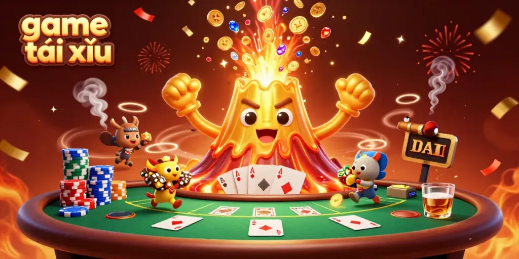 Experience the exciting game tài xỉu with unique 3D illustration showcasing a volcano, treasure, and casino elements.