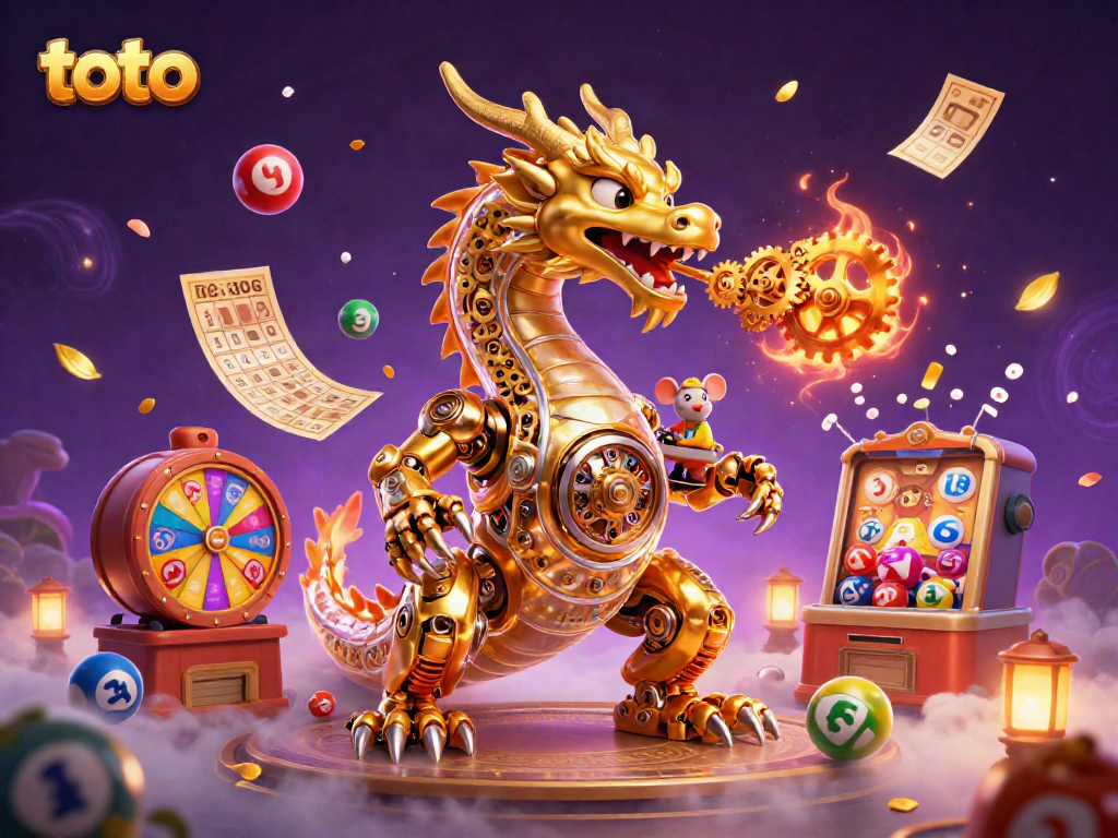 Engage with the dynamic world of toto as a golden dragon emits shining gears amidst colorful lottery interactions.