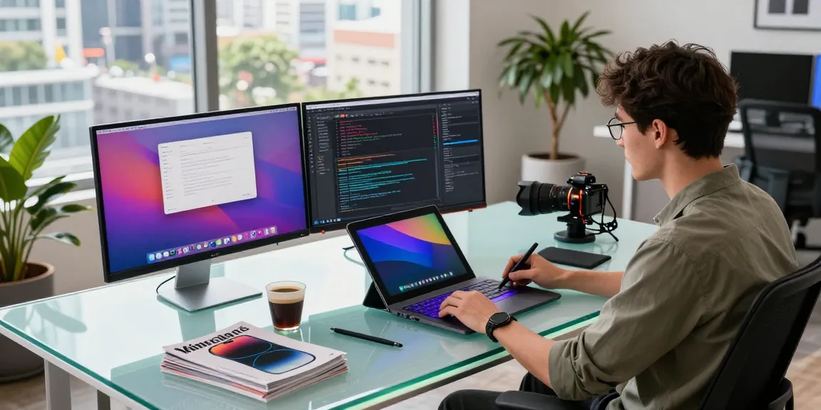 M5 MacBook Air showcased in a vibrant tech workspace with multiple monitors and creative design tools.