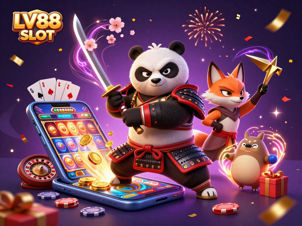 Win big with LV88 SLOT in an exciting, vibrant 3D casino scene featuring dynamic characters and games.